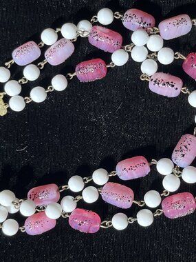 Vintage 1950s 1960s Japan Pink Confetti Glass Bead 3 Strand Choker Necklace 14”